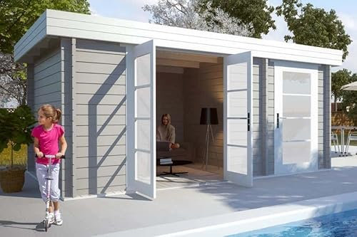 Alpholz Gartenhaus Modern-E aus Holz (Naturbelassen) mit 44 mm Wandstärke, 470 x 320 cm, Flachdach