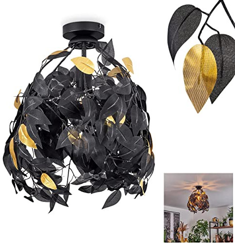 Deckenleuchte Kallax, moderne Deckenlampe aus Metall/Kunststoff in Schwarz/Goldfarben, Leuchte mit Schirm in Blatt-Optik (Ø 50 cm), mit Lichteffekt, 1-flammig, 1 x E27, ohne Leuchtmittel