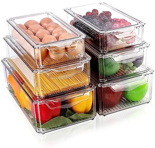 Diealles Shine Organizador Frigorifico, Juego de 6 Organizador Nevera Transparente, Fridge Organizer with Lids, Almacenaje Nevera Apilable para La Cocina Encimeras y Refrigerador