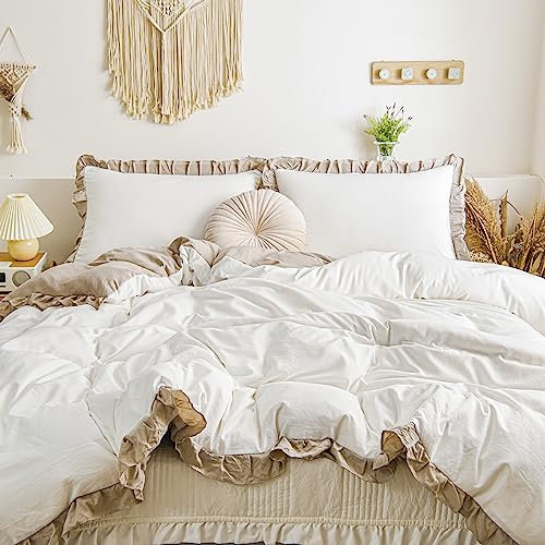 Freyamy Bettwäsche 155x220cm 2teilig Weiß Khaki Rüschen Romantisch Wendebettwäsche Gewaschene Microfaser Weiche Bettwaren-Sets Uni Mädchen Bettbezug mit Reißverschluss und Kissenbezug 80x80cm