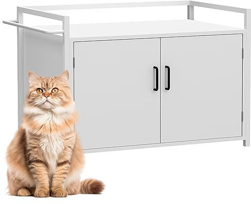 BAKAJI Mobile Lettiera per Gatti Rialzato con Ingresso Laterale a Forma di Gatto, Armadietto Multiuso Animali Domestici, 2 Ante Chiusura Magnetica Cuccia Struttura in Ferro 75x55x51cm (Bianco)