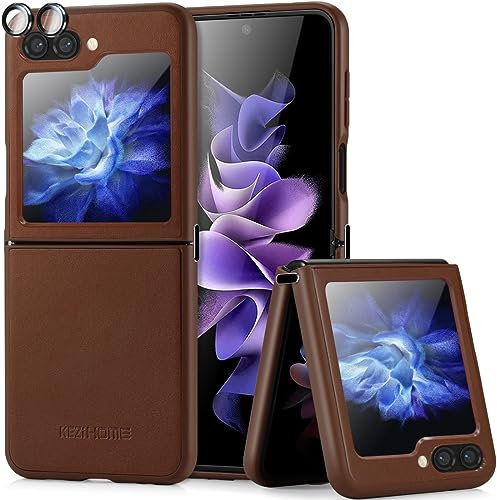 KEZiHOME Hülle für Galaxy Z Flip 5 Case, Handyhülle Flip 5 mit Scharnier-Verbinder [Echtes Leder] [Kamera & Display Schutzfolie] Dünn Ledertasche Stoßfeste Schutzhülle für Samsung Z Flip 5 5G (Braun)