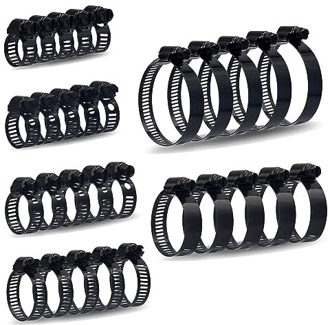 ISPINNER 30 Stück schwarze Schlauchschellen, 6–51 mm, verstellbarer Bereich, 304 Edelstahl, Schneckengetriebe, Schlauchschellen, 6 Größen, Sortiment-Set für Sanitär, Automobil, mechanische Anwendungen