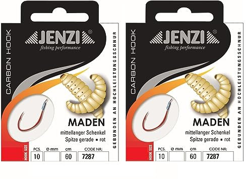 Set: 2 Packungen gebundene Maden-Haken von Jenzi, (20 Stück) an Mono Schnur 60cm Hakengröße 10, 12, 14 & 16 Vorfach fertig + gratis Petri Heil! Aufkleber (Hakengröße 16)