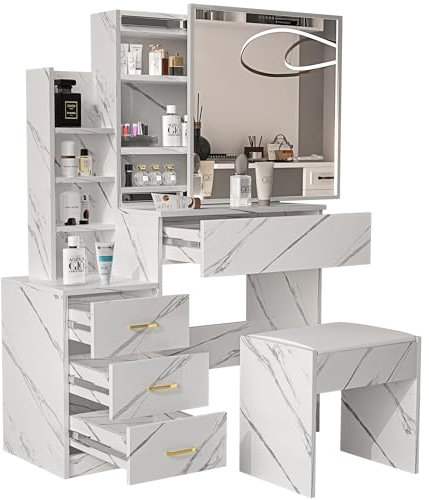 Blisswood Dressing Table with Led Bulb Mirror and Stool, Vanity Desk with 4 Drawer, 3 Open and 3 Hidden Storage Shelves, Modern Makeup Table for Bedroom & Living Room (Marble White)