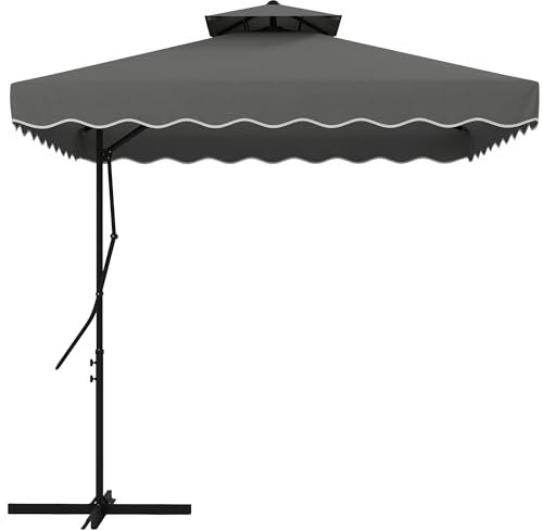 Outsunny Sonnenschirm, 243 x 243 cm Balkonschirm mit UV-Schutz, Ampelschirm mit Doppeldach, Kreuzfuß, Terrassenschirm mit Rüschen, 4 Streben, für Garten, Metall, Dunkelgrau