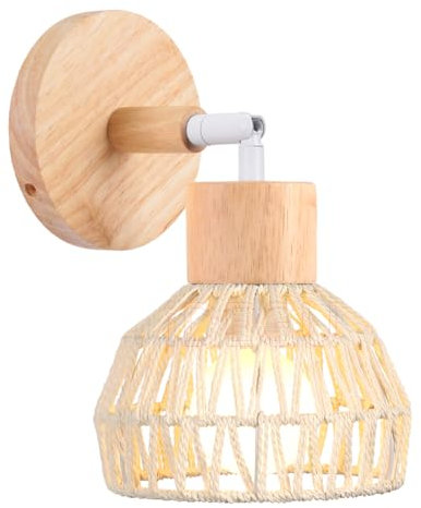 iDEGU Wandleuchte Innen Boho E27 Wandlampe aus Holz 15cm Lampenschirm Rattan Verstellbar Deckenleuchte Retro Dekoration Vintage Lampe für Schlafzimmer, Schlafzimmer, Flur, Restaurant (Weiß)