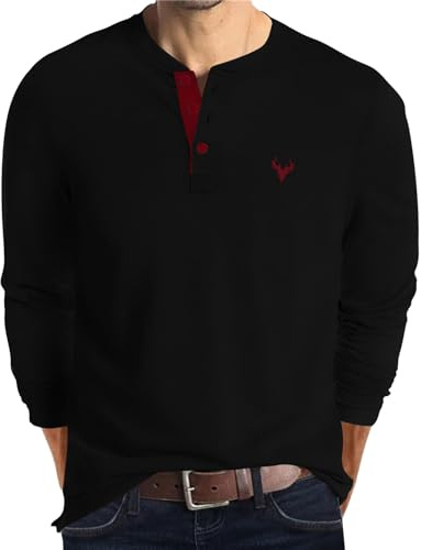 KUYIGO Men's Embroidered Henley Long Sleeve T-Shirt Cotton Casual Sports Knit Top
