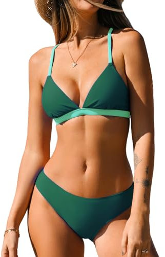 CUPSHE Bikini für Damen, zweiteiliger Badeanzug, V-Ausschnitt, niedrige Taille, überkreuzter Rücken, Spaghettiträger zum Selbstbinden, Grün/Blaugrün, Medium