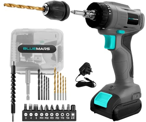 BlueMars Cordless Screwdriver and Combi Drill Set for Furniture & DIY, 12V Rechargeable Battery, Mini Gift for Craftsmen, Detachable Chuck, 2 Speeds, 19 Torque Settings, LED Light