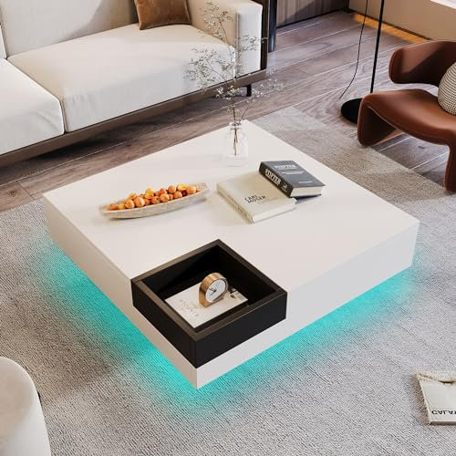 BTM Table Basse Salon, LED Table Basse Design avec Boîte de Rangement Amovible, Moderne Carrée Table, Blanc & Noir, 72x72x30 cm