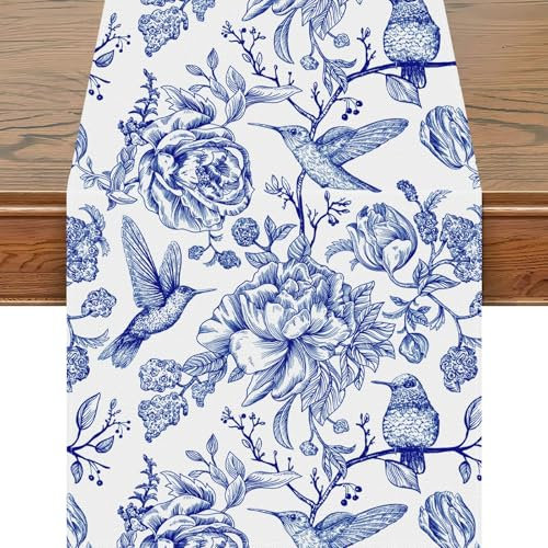 Snylcce 13x108 Zoll Tischläufer Blau und Weiß Monochrome Skizze Vögel Blume Tischdecke Retro Floral Küche Esszimmer Tischdekoration für Indoor Outdoor Home Party Restaurant Supplies