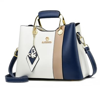 NICOLE & DORIS Handtasche Damen Designer Umhängetasche Kleine Schultertaschen PU Leder Henkeltasche Mehrfarbige Crossbody Bag Mädchen Kuriertaschen mit Anhänger Weiß mit Blau