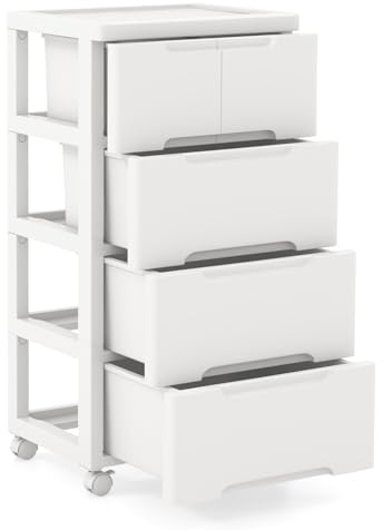 CASART Chest of Drawers, 4/5/6 Tiers Mobile Storage Dresser Cabinet Tower Unit with Wheels, Plastic Storage Chest Utility Storage Drawers for Bedroom Living Room Kitchen Bathroom (4-Tier)