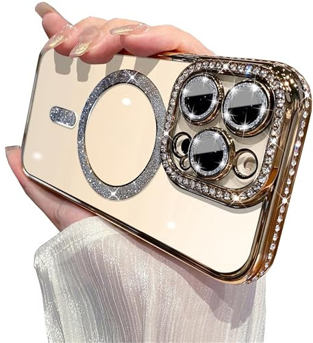 Einaily Glitzer Hülle für iPhone 16 Pro Handyhülle, Cover Silikon Bling Rhinestone Kratzfest Schutzhülle für Mädchen, Durchsichtig Stoßfeste Kameraschutz Bumper Handyhülle für iPhone 16 Pro, Gold