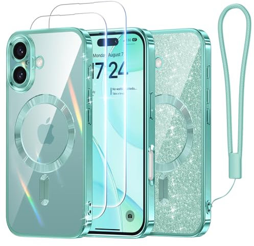 Meifigno Candy Series Case Designed for iPhone 16, [Compatible with MagSafe] [2X Screen Protectors] [Glitter Card & Wrist Strap] Full Camera Protection Designed for iPhone 16 Case, Teal