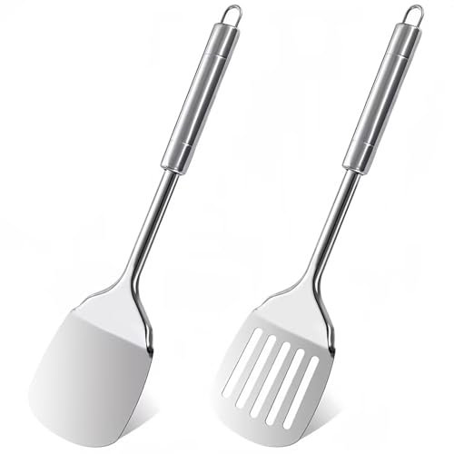 Set di 2 Spatole in Acciaio Inox Utensili Cucina Acciaio Inox Resistente al Calore Spatola Inox Set da Cucina in Metallo con Sospensione Adatta per Ristoranti e Cucine