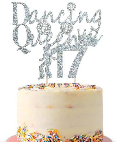 Fechy Tortenaufsatz zum 17. Geburtstag, rotgoldener Glitzer, tanzende Königin, 17 fabelhafte Kuchenspieße, Silber