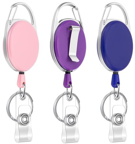 JEFURE Retractable Badge Reel, 3 Pcs, Pink, Purple, Dark Blue | Extendable ID Card Holder, Keyring with Clip, Heavy Duty Keychain, Fob Holder for Office, School, Work