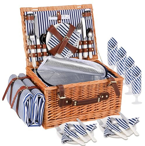 Ovshnrr Picnic Basket for 4 Persons, Wicker Picnic Basket with Insulated Cooler Compartment, Waterproof Picnic Blanket & Cutlery Set, Wicker Picnic Hamper for Camping, Outdoor, Party, Beach, Blue