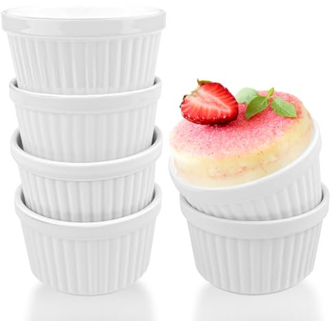 Comzantor 6 Pièces Coupelle Dessert, Ramequin Air Fryer, Moule à Flan, Ramequins et Moules à Soufflés en Porcelaine, Bols à Crème Brûlée en Céramique, Moules à Tarte Allant au Four pour Brulee, Blanc