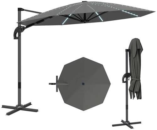 Outsunny 3(m) Cantilever Garden Parasol with Solar Powered Lights, Fibreglass Ribs, Crank Handle & Cross Base, UPF 50+, 360° Rotation, Overhanging Patio Umbrella for Patio Market, Dark Grey