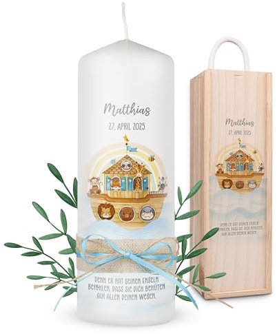 Lilletå ® Kommunionkerze personalisiert Arche Noah H:25cm/⌀:8cm - Kerze Kommunion - Kommunionkerze Junge/Mädchen - Kommunionkerze selbst gestalten - Kommunionkerze personalisiert
