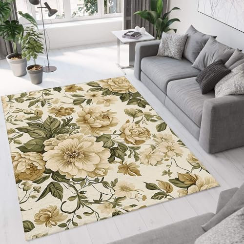 CEDNXOER Elfenbein Teppich Wohnzimmer 140x200cm rutschfest Kurzflor Schlafzimmer Hundeteppiche, Elegante Pfingstrose Jahrgang Blumen Waschbar Bettvorleger pflegeleicht Teppiche für Büro