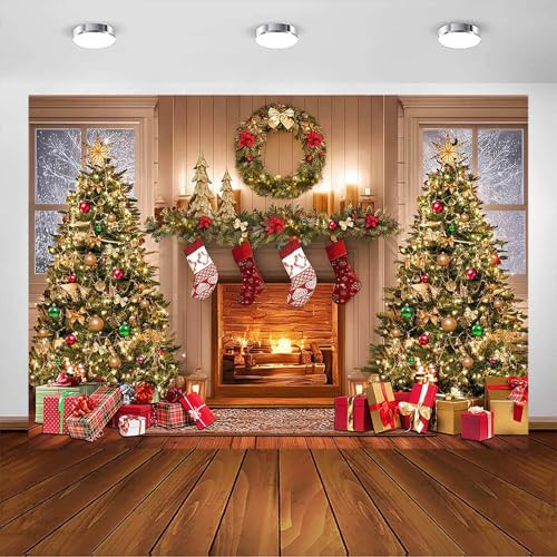 Avezano Weihnachts-Hintergrund, Kamin, Weihnachtsbaum, Fenster, Geschenke, Fotohintergrund, Familie, Winter, Weihnachten, Urlaub, Party-Dekorationen, Portrait-Hintergrund, Foto-Requisiten (2,1 x 1,5 m