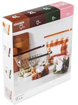 Kossebar, sacchetti richiudibili per alimenti con cerniera, in scatola di selezione dispenser, 4 L, 2 L, 1 L, 0,5 L, adatti al congelatore, resistono fino a 50 °C, autoportanti e rinforzati