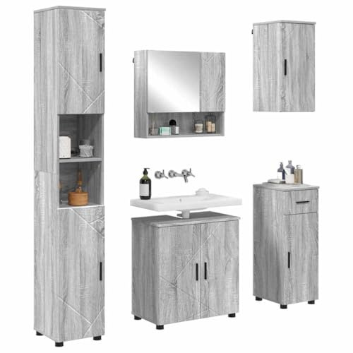 vidaXL Bathroom Furniture Set with Drawer with Door 5 pcs Grey Sonoma, Modern Bathroom Cabinets, Chic Storage Solution, Wall-Mounted Set, Engineered Wood Furniture for Stylish Organization