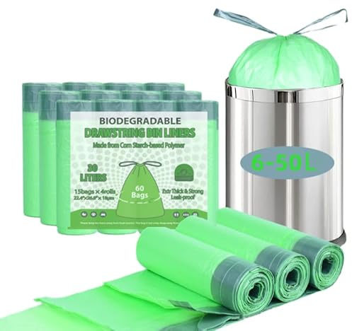 60 Sacs Poubelles Biodégradables 30L avec Liens Coulissants, Sacs pour Composteur 60 Pièces Sacs pour Déchets Alimentaires de Cuisine