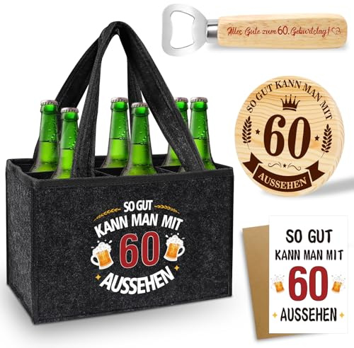 Shining She 60 Geburtstag Mann - Männerhandtasche Bier für Ehemann Papa Opa | Personalisierte Geschenke 60 Geburtstag Mann, Filz Flaschentasche 6 Flaschen mit Flaschenöffner Untersetzer Holz Grußkarten