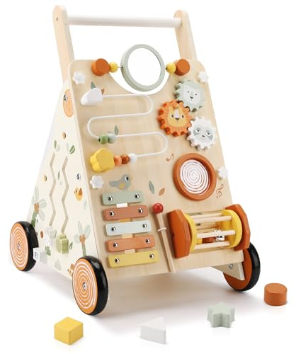 Pithfor Wooden Baby Walker, Baby Push Walker with Activity Center for Girls Boys, Montessori Push Walker Toys for Babies Learning to Walk, Sit-to-Stand, for 10-12 Months 1 2 3 Years Old