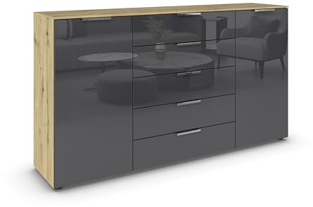 Rauch Möbel Flipp, Kommode, Farbe Glas Basalt/Eiche Artisan, Breite 180 cm | Sideboard, 2-türig, 5 Schubladen, Glasfront, Soft-Close-Funktion, für Schlafzimmer, Gästezimmer, Wohnzimmer, Garderobe, Flur