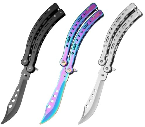 Sporgo 3 Stück Butterfly Messer: Biegen Butterfly Trainer zum Üben Ungeschärfte Klinge, Edelstahl Butterfly Knife Trainer für Trainingsmesser AnfäNger-Der Flipping Tricks üBt (Schwarz + Weiß+ Farbe)