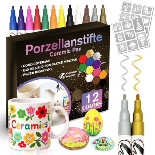 CAwished Set di 12 colori per pennarelli acrilici – Penne per porcellana lavabili in lavastoviglie, inclusi stencil creativi per graffiti su porcellana, ceramica e vetro