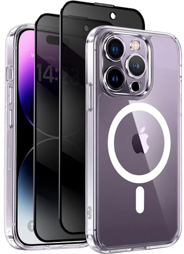 Helssitot Coque pour iPhone 14 Pro Max avec Verre Trempé Anti-Espion | Transparente, Magnétique Compatible avec Mag Safe Militaire Étui Housse Antichoc Bumper Militaire