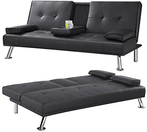 Yaheetech Modern Extra Comfort 3 Seater Faux Leather Sofa Bed with Cup Holder,Black