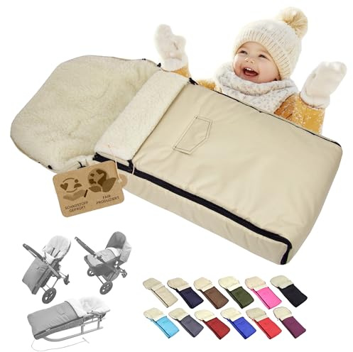 Babys-Dreams BAMBINIWELT universaler Winterfußsack 108 cm – aus Lammwolle, warm & weich – passend für Kinderwagen, Buggy & Schlitten – wasserabweisend & waschbar, Farbe: Beige