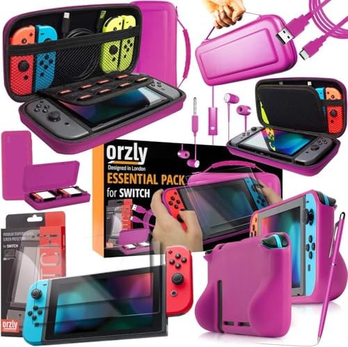 Orzly Switch Accesoires, Zubehör für Nintendo Switch (Panzerglas Schutzfolien, USB Ladekabel, Konsole Tragetasche, Spiele Patronenhülse, Comfort Grip Case, Kopfhörer)-ROSA