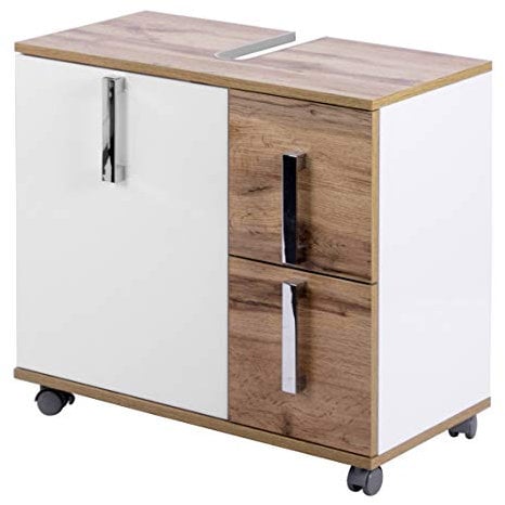 Schildmeyer Waschbeckenunterschrank Luca 135873, weiß glanz/Eiche Landhaus, 65,1/32,0/60,0 cm