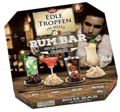 Edle Tropfen in Nuss Rum Bar 100g, flüssig gefüllte Schokoladenpralinen mit Milchschokoladen-Überzug und knackigen Haselnuss-Splittern