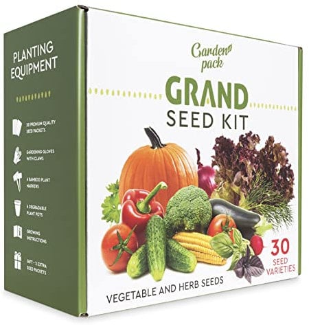Grand Seed Growing Kit - 30 Vegetable Seeds Varieties - Gloves with Claws, 6 Biodegradable Peat Pots, 6 Bamboo Plant Markers - Grow Your Own Indoor Garden - Ideal Gardening Gift