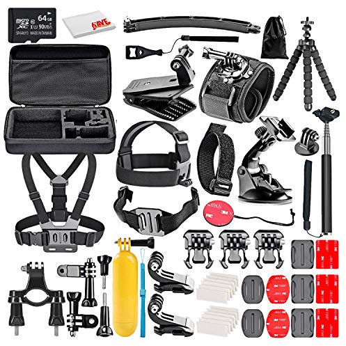 50-In-1 Action Camera Accessory Kit Bundle With - 64GB MICRO SD CARD + MicroFiber Cleaning Cloth - Compatible with GoPro Hero 8, 7, 6, Max, Session, Insta360, DJI Action, AKASO Apeman, And More