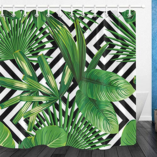 LB Rideaux de Douche Feuille de Palmier 180x180CM Vert Noir Blanc Rideaux de Bain avec Crochets,Imperméable Polyester Anti Moule Salle de Bain Décor