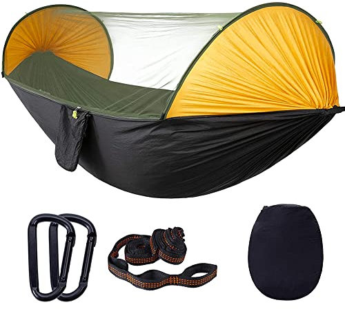Hängematte Outdoor mit Moskitonetz 250x120 cm aus Nylon Fallschirmseide bis 200kg Ultra-Leicht Hängematten XXL Camping 2 Personen DF-HM-03 Schwarz-Orange