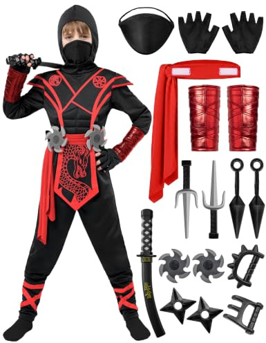 Ninja Dragon Red Costume Outfit Set for Kids Halloween Dress Up Party (Small ( 5 – 7 yrs))