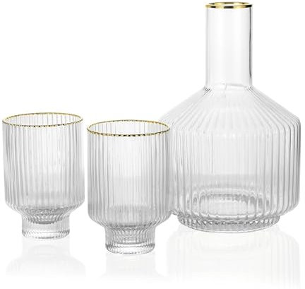 G Bedside Carafe Glass Set, 1 Pitcher 2 Cups For Nightstand Water, Ribbed Bedside Water Decanter 59 oz With Gold Rim Tumbler 12.5 oz Cup,Vintage Bedside Carafe Use for Bathroom,Bedroom,Kitchen, Office