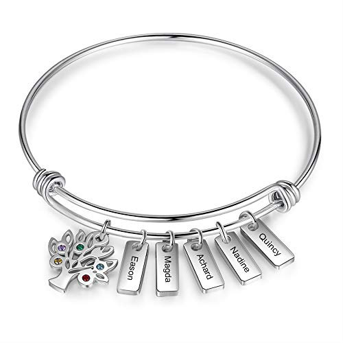 Bracciale Albero Genealogico Personalizzati per Donna Braccialetto Familiare con Inciso in Argento Braccialetto Personalizzato con 2 ~ 7 Nomi Bar Regali per Figlia Mamma (5 barra del nome)